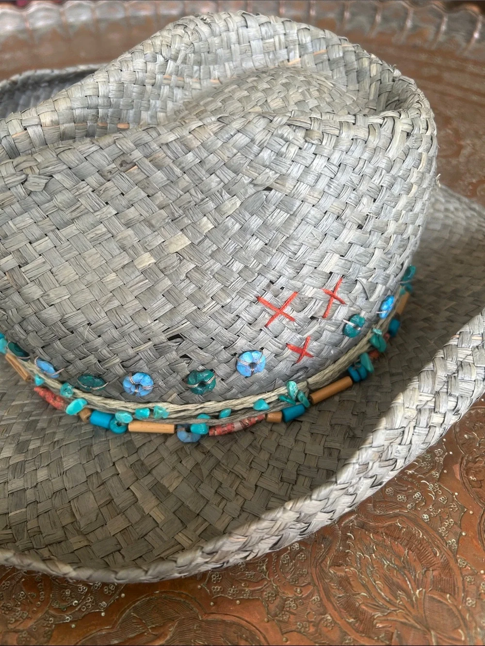 Upcycled Woven Straw Fedora Cowgirl hat with Turquoise Bead Trim